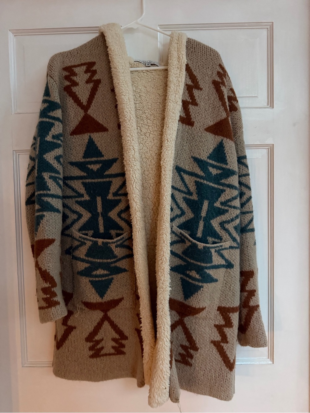 Sweet Rain Aztec Open-Front Sherpa Cardigan - Beige Teal Brown